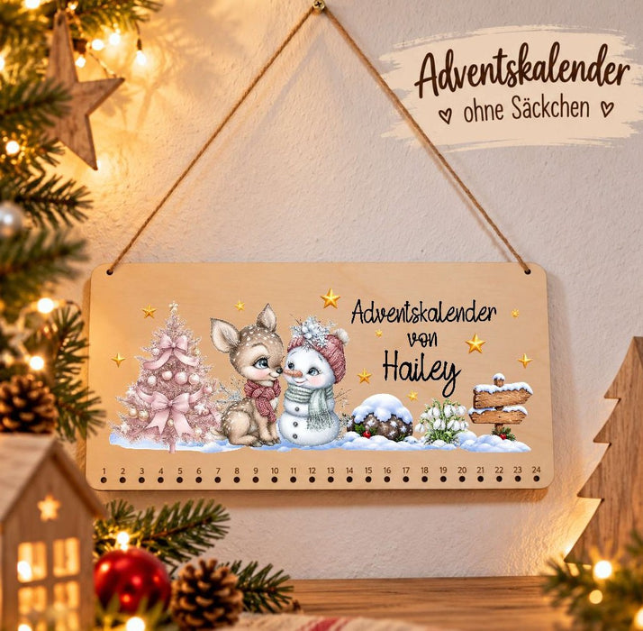 Personalisierter Adventskalender aus Holz mit Namen Reh & Schneemann für Mädchen – zum Befüllen mit oder ohne Säckchen | CreativMade .