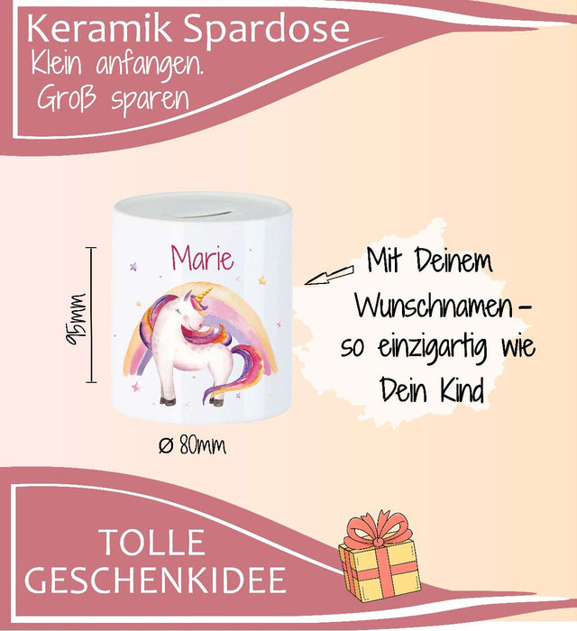 Personalisierte Kinderspardose mit Namen Einhorn Regenbogen - Keramik Spardose zur Einschulung, Geburt oder Taufe - CreativMade