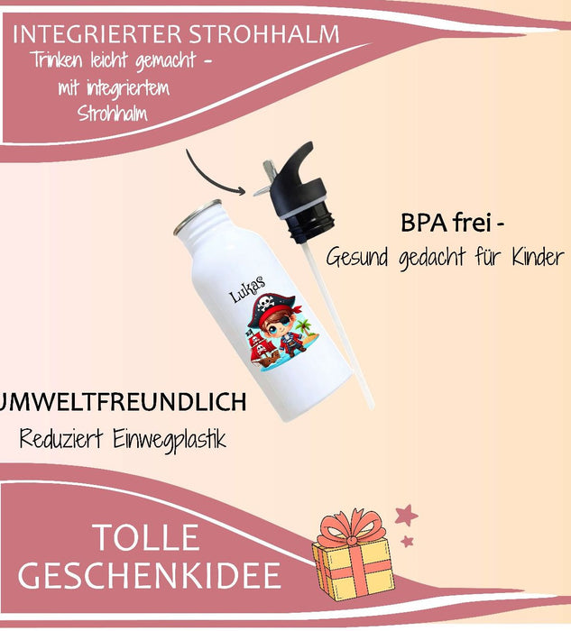 Personalisierte Trinkflasche Kinder Pirat -  Edelstahl Trinkflasche mit Name - Strohhalm Geschenk Einschulung Geburtstag - CreativMade 
