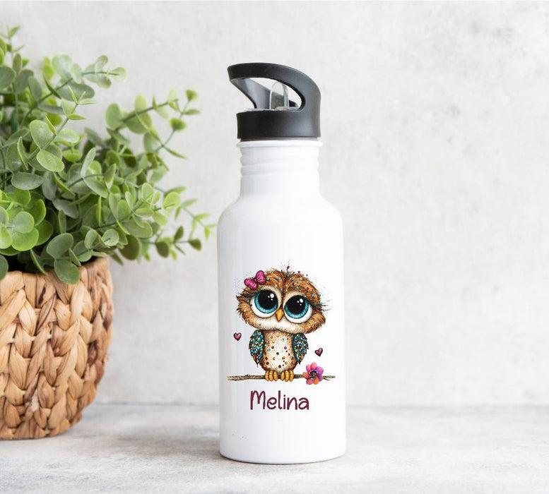 Personalisiertes Kinder Trinkflaschen- & Tassen-Set mit Namen Eule – Edelstahl Trinkflasche 500 ml für Schule & Kindergarten - CreativMade