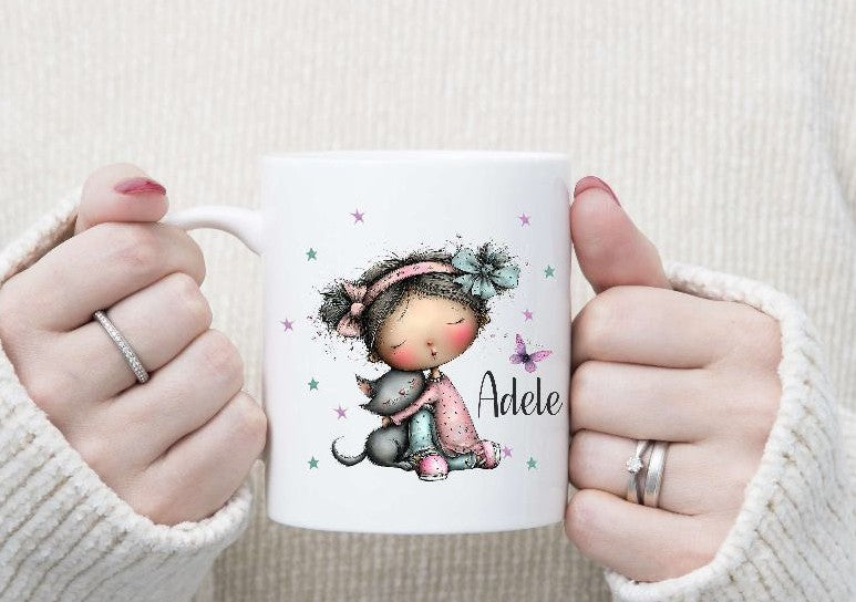 Kindertasse personalisiert mit Namen Katze Mädchen Emaille Keramik Kunststoff Geschenk - CreativMade 