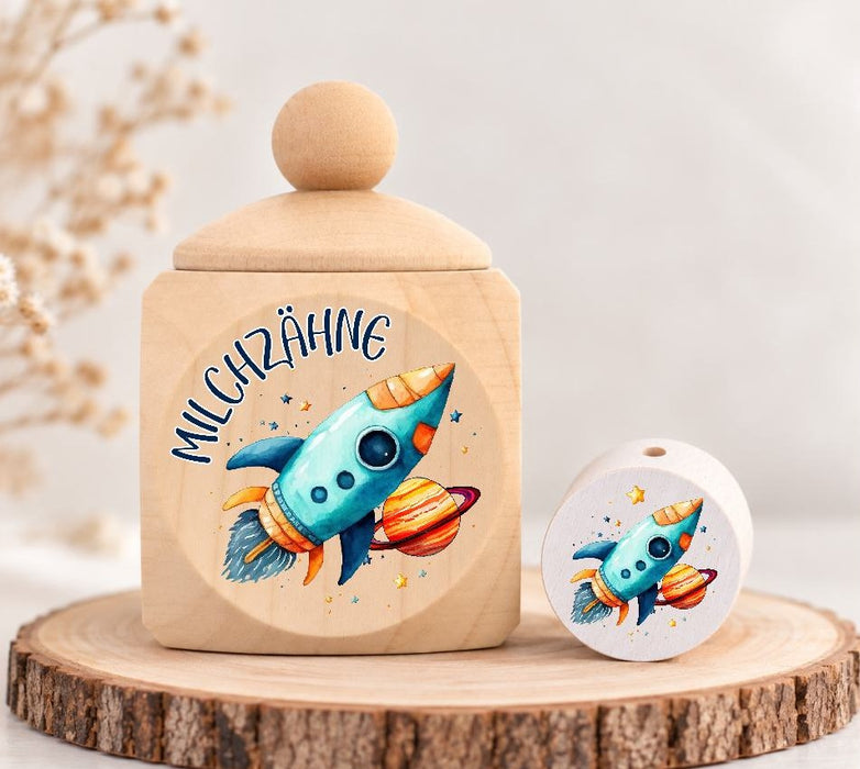 Milchzahndose Rakete Holz mit Motivscheibe | DIY & Kreativbedarf 6 x 4cm Zahndose | CreativMade .