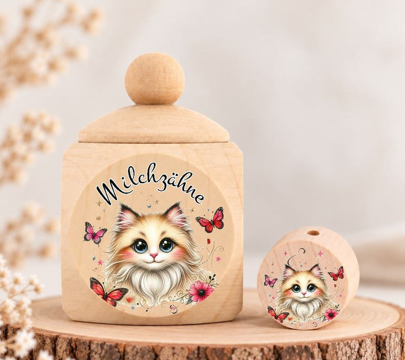 Milchzahndose Katze Holz mit Motivscheibe | DIY & Kreativbedarf 6 x 4cm Zahndose