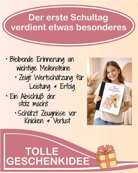 Personalisierte Zeugnismappe mit Namen Pferd – Mappe für Schulzeugnisse A4 | Geschenk zur Einschulung Mädchen - CreativMade 