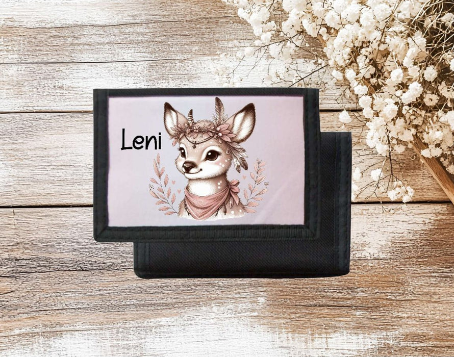 Kinder Geldbeutel personalisiert Reh – Geldbörse mit Namen Klettverschluss oder Reißverschluss Porte­mon­naie - CreativMade