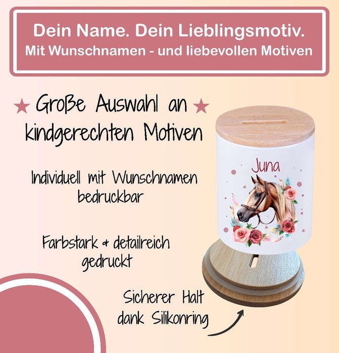 Kinder Spardose mit Name Pferdekopf – Personalisierte Spardose für Kinder Keramik mit Bambusdeckel für Mädchen | CreativMade .