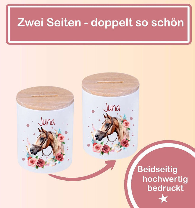 Kinder Spardose mit Name Pferdekopf – Personalisierte Spardose für Kinder Keramik mit Bambusdeckel für Mädchen | CreativMade .