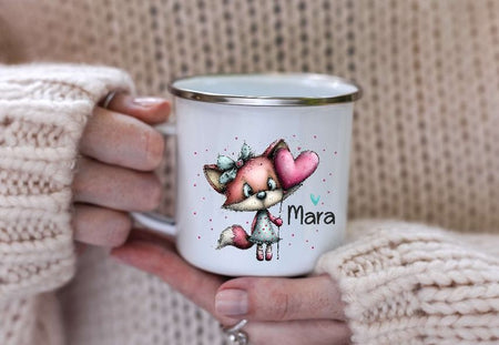 Kindertasse personalisiert mit Namen Fuchs Mädchen Emaille Keramik Kunststoff Geschenk - CreativMade 