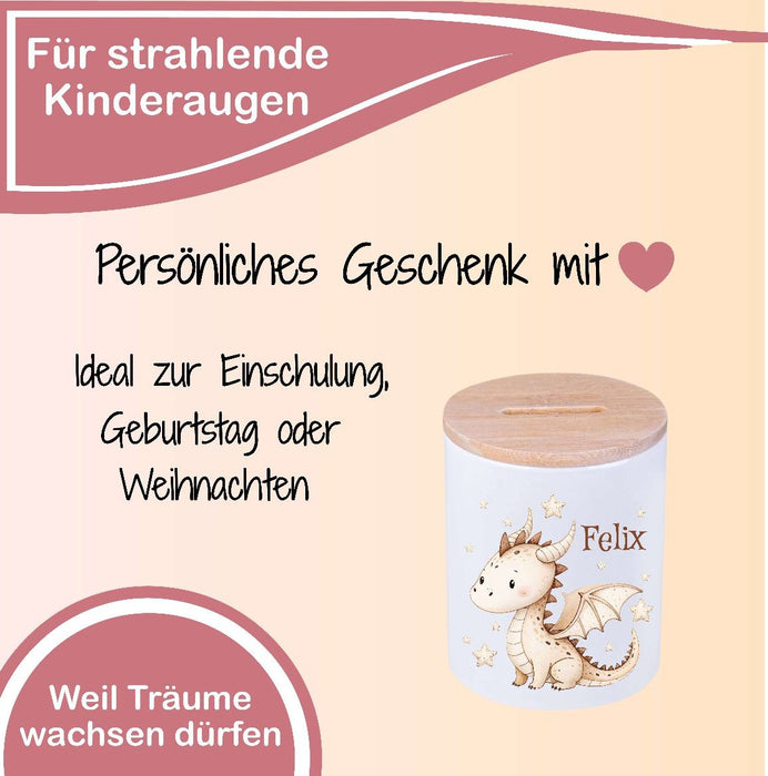 Kinder Spardose mit Name Drache  – Personalisierte Spardose für Kinder Keramik mit Bambusdeckel für Jungen