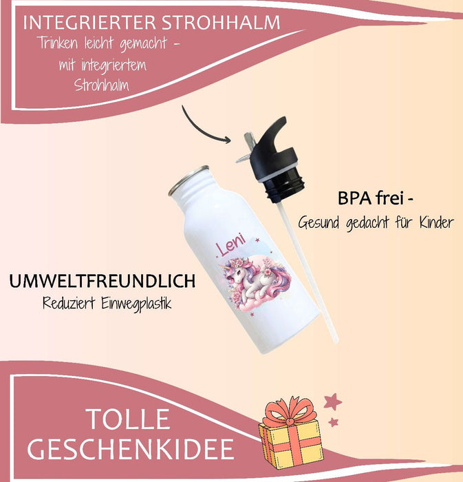 Personalisierte Trinkflasche Kinder Einhorn Mädchen -  Edelstahl Trinkflasche mit Name - Strohhalm Geschenk Einschulung Geburtstag - CreativMade 
