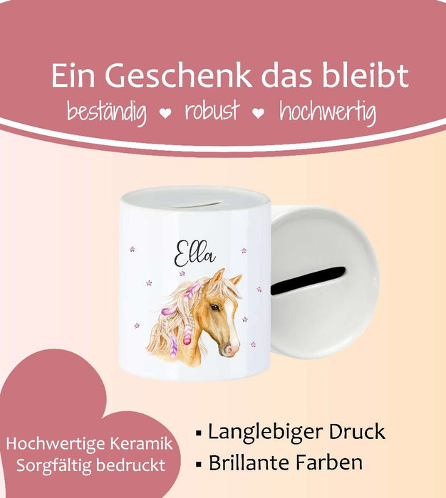 Personalisierte Kinderspardose mit Namen Pferd – Keramik Spardose zur Einschulung, Geburt oder Taufe - CreativMade 