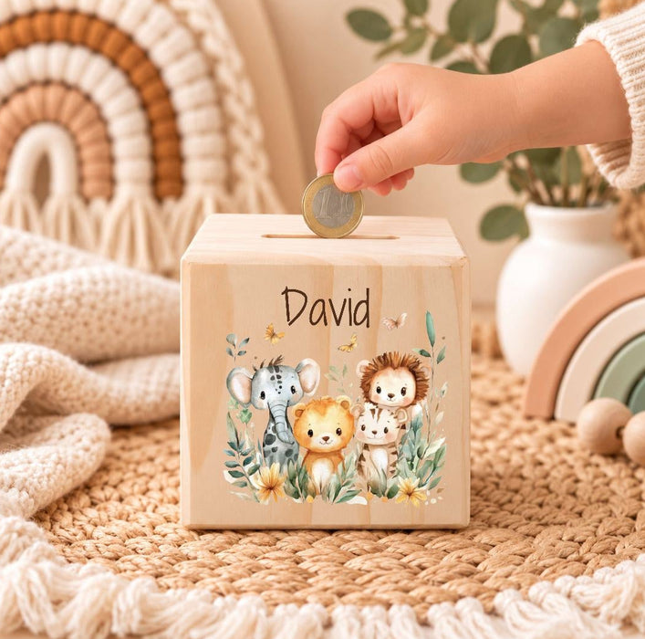 Personalisierte Kinder Spardose mit Namen Tiere - Holzspardose für Kinder
