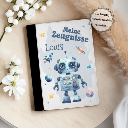 Personalisierte Zeugnismappe mit Namen Roboter – Mappe für Schulzeugnisse A4 | Geschenk zur Einschulung Jungen - CreativMade 