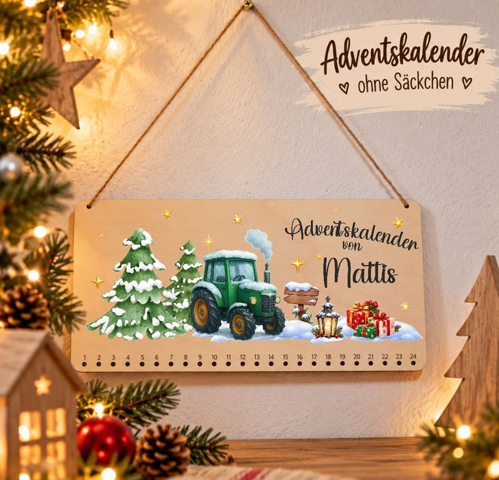 Personalisierter Adventskalender aus Holz mit Namen Traktor Jungen – zum Befüllen mit oder ohne Säckchen - CreativMade