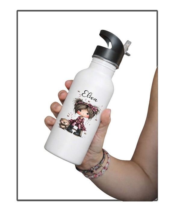 Personalisierte Trinkflasche Kinder Mädchen -  Edelstahl Trinkflasche mit Name - Strohhalm Geschenk Einschulung Geburtstag - CreativMade 