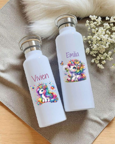 Personalisierte Kinder Trinkflasche mit Namen Einhorn – Edelstahl Thermosflasche auslaufsicher für Kindergarten & Schule - CreativMade
