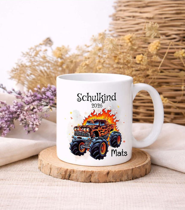 Einschulungstasse mit Name Monstertruck Schulkind Tasse personalisiert Jungen - CreativMade 