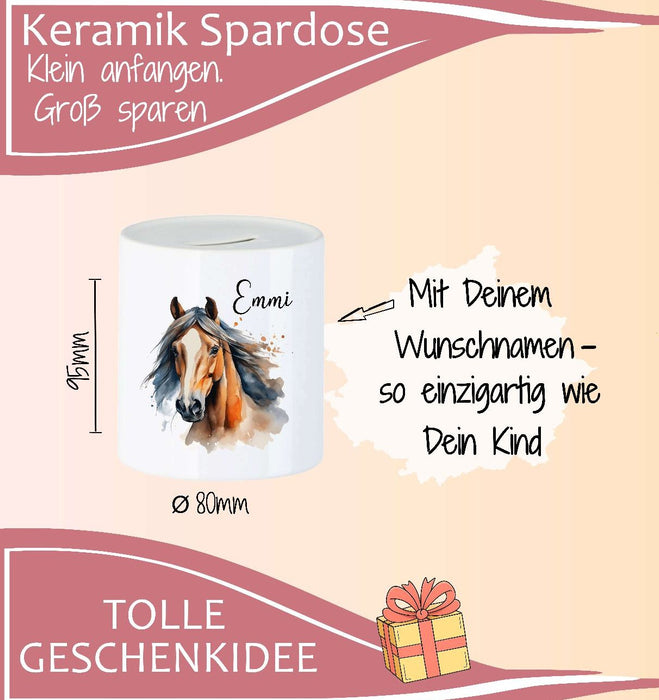 Personalisierte Kinderspardose mit Namen Pferd – Keramik Spardose zur Einschulung, Geburt oder Taufe - CreativMade