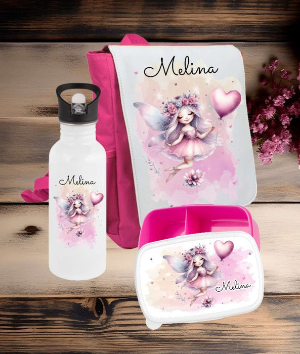Set Brotdose Trinkflasche und Rucksack personalisiert mit Namen Fee Kinder Edelstahl Flasche Kita Kindergarten Kinderrucksack - CreativMade