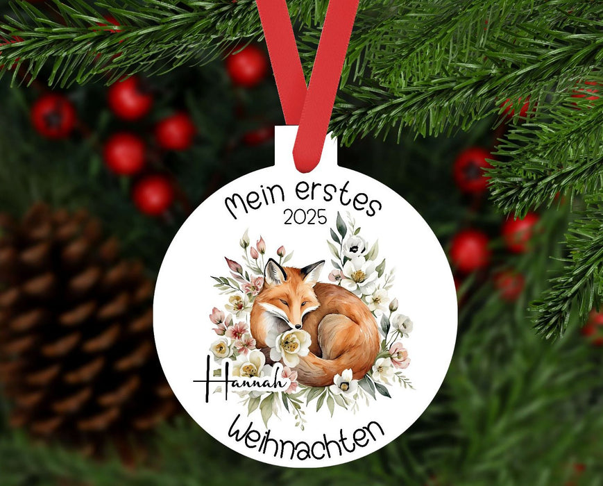 Personalisierter Christbumschmuck & Weihnachtsbaumanhänger Baby Fuchs – Mein erstes Weihnachten mit Namen aus Aluminium Geschenkidee - CreativMade 