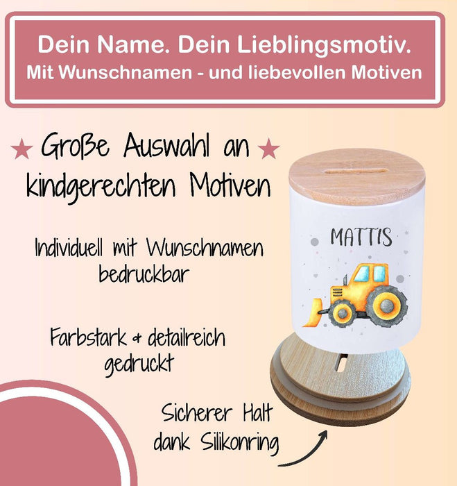 Kinder Spardose mit Name Bagger – Personalisierte Spardose für Kinder Keramik mit Bambusdeckel für Jungen