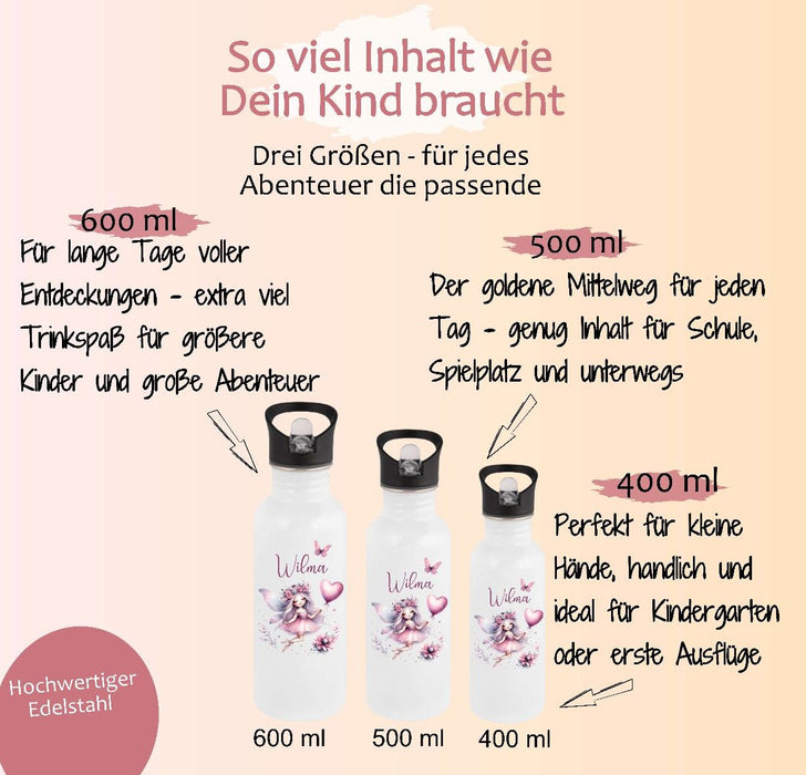 Personalisierte Trinkflasche Kinder Fee-  Edelstahl Trinkflasche mit Name - Strohhalm Geschenk Einschulung Geburtstag - CreativMade 