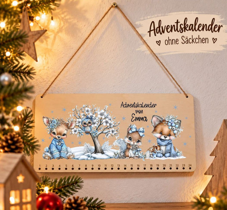 Personalisierter Adventskalender aus Holz mit Namen Waldtiere – zum Befüllen mit oder ohne Säckchen