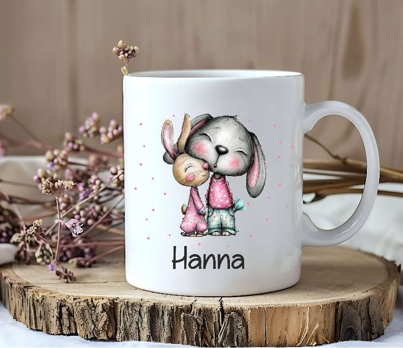 Kindertasse personalisiert mit Namen Hase Mädchen Emaille Keramik Kunststoff Geschenk - CreativMade 