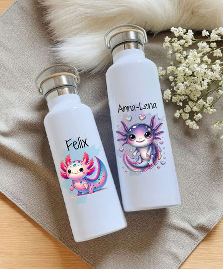 Personalisierte Kinder Trinkflasche mit Namen Axolotl – Edelstahl Thermosflasche auslaufsicher für Kindergarten & Schule - CreativMade