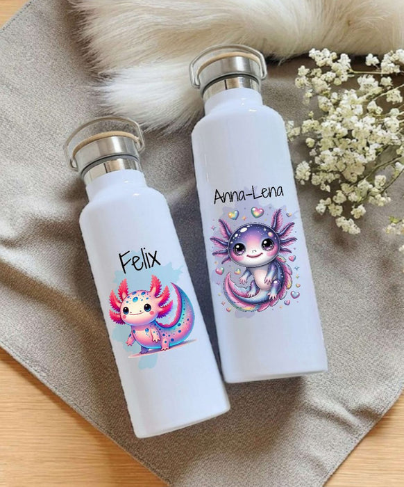 Personalisierte Kinder Trinkflasche mit Namen Axolotl – Edelstahl Thermosflasche auslaufsicher für Kindergarten & Schule - CreativMade