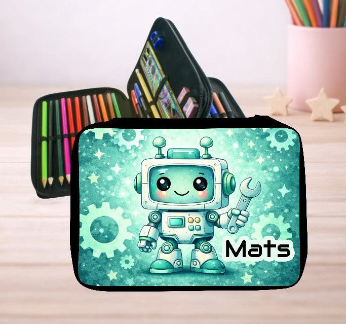 Personalisiertes Federmäppchen mit Name Roboter Jungen Geschenk Einschulung Federmappe Federpenal - CreativMade