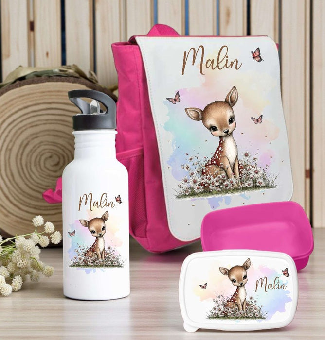 Kindergarten Set personalisiert Reh – Rucksack, Trinkflasche & Brotdose mit Namen Kitakind - CreativMade 