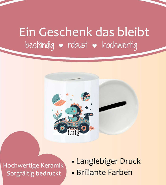 Personalisierte Kinderspardose mit Namen Auto – Keramik Spardose zur Einschulung, Geburt oder Taufe - CreativMade