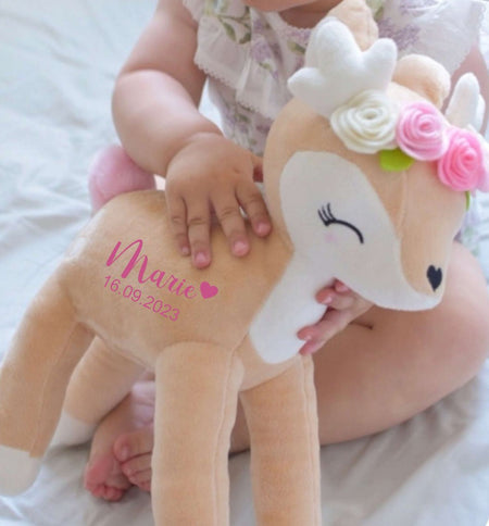 Kuscheltier Reh mit Name personalisiert Mädchen Stofftier Geburtsdatum Plüschtier Baby Geburt - CreativMade 