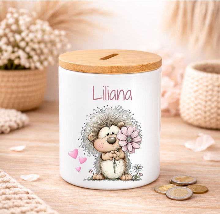 Kinder Spardose mit Name Tier-Motiv – Personalisierte Spardose für Kinder Keramik mit Bambusdeckel