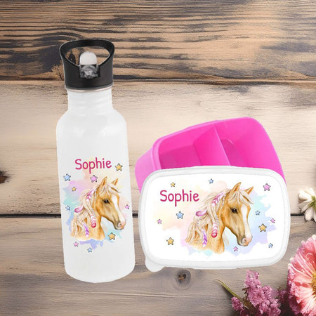 Set Brotdose und Trinkflasche personalisiert mit Namen Pferd Edelstahl 500ml Lunchbox Mädchen - CreativMade