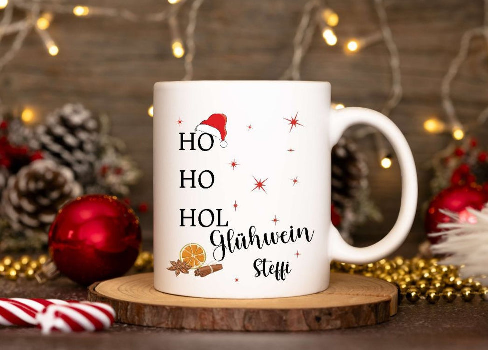 Weihnachtstasse personalisiert Ho Ho Hol Glühwein Spruch lustig witzig Tasse Weihnachten Keramik Emaille Geschenkidee Nikolaus