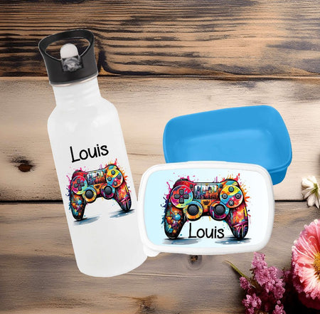 Set Brotdose und Trinkflasche personalisiert mit Namen Controller Edelstahl 500ml Lunchbox Jungen - CreativMade