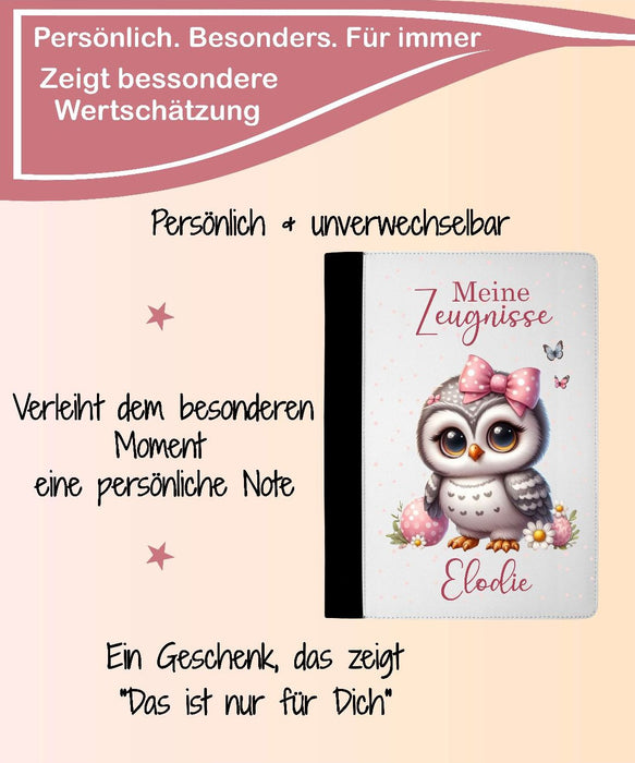 Personalisierte Zeugnismappe mit Namen Eule – Mappe für Schulzeugnisse A4 | Geschenk zur Einschulung Mädchen - CreativMade