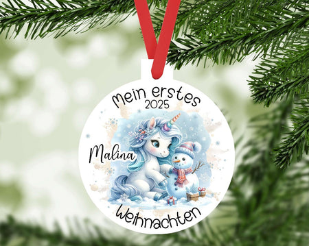 Personalisierter Christbumschmuck & Weihnachtsbaumanhänger Baby Einhorn – Mein erstes Weihnachten mit Namen aus Aluminium Geschenkidee - CreativMade 