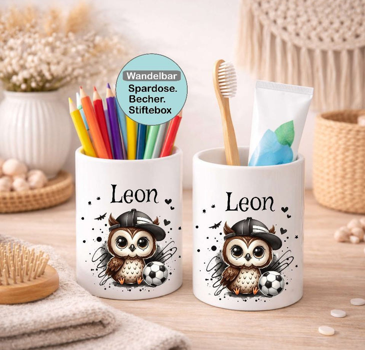 Kinder Spardose mit Name Fußball Eule grün  – Personalisierte Spardose für Kinder Keramik mit Bambusdeckel für Jungen | CreativMade .