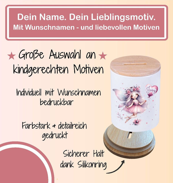 Kinder Spardose mit Name Fee – Personalisierte Spardose für Kinder Keramik mit Bambusdeckel für Mädchen | CreativMade .