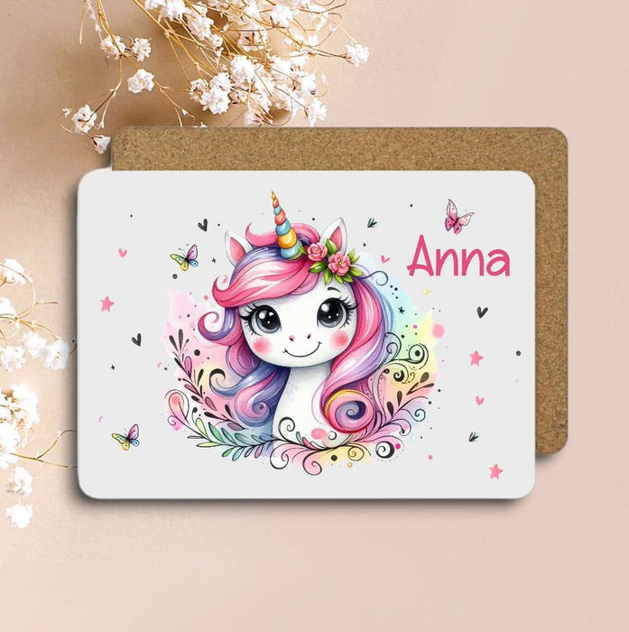 Kinder Tischset personalisiert mit Namen Einhorn - abwischbar und rutschfest Platzdeckchen Platzset Tischunterlage - personalisierte Tasse Emaille & Keramik - CreativMade 