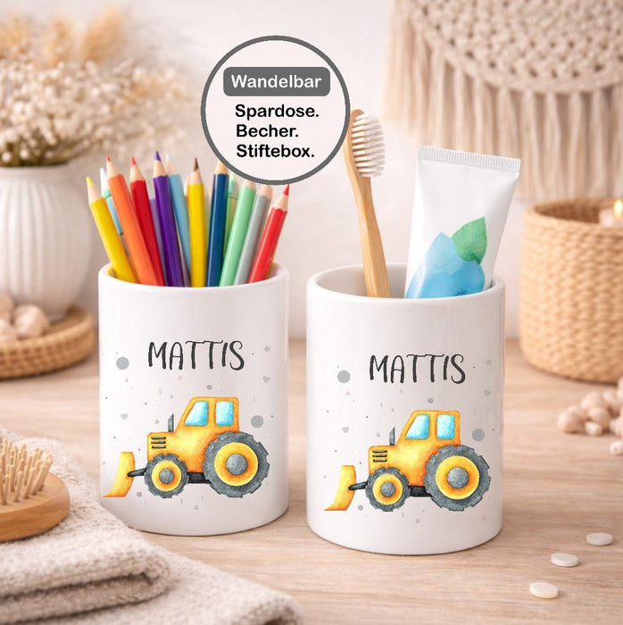Kinder Spardose mit Name Bagger – Personalisierte Spardose für Kinder Keramik mit Bambusdeckel für Jungen