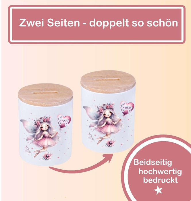 Kinder Spardose mit Name Fee – Personalisierte Spardose für Kinder Keramik mit Bambusdeckel für Mädchen | CreativMade .