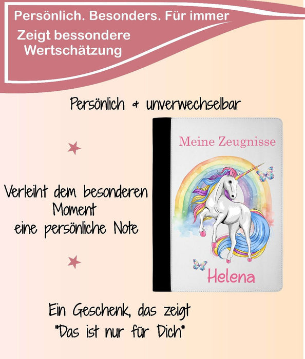 Personalisierte Zeugnismappe mit Namen Einhorn Pferd – Mappe für Schulzeugnisse A4 | Geschenk zur Einschulung Mädchen - CreativMade 