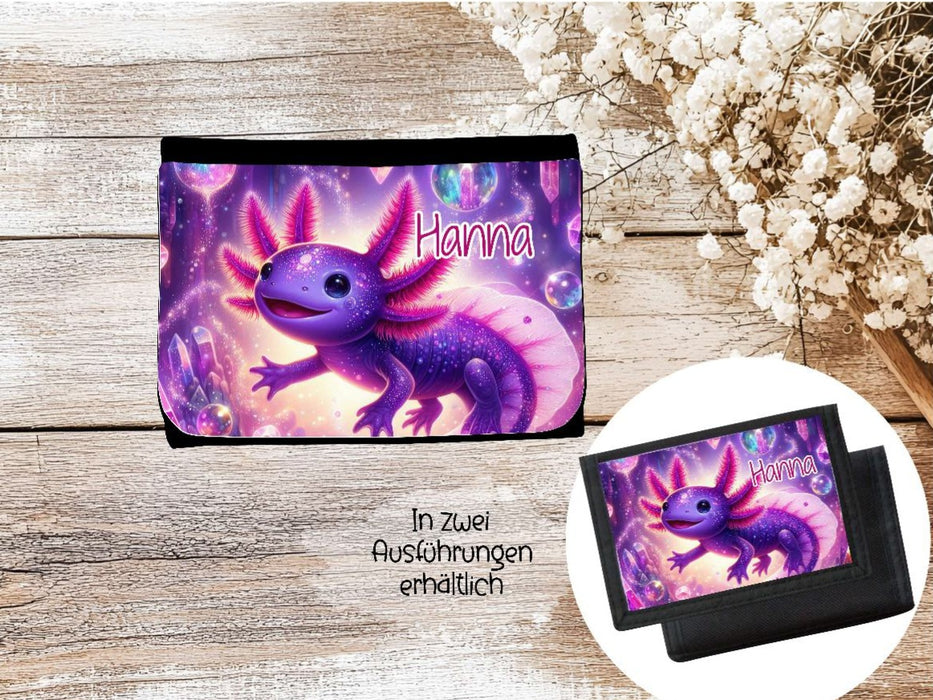 Kinder Geldbeutel personalisiert Axolotl – Geldbörse mit Namen Klettverschluss oder Reißverschluss Porte­mon­naie - CreativMade