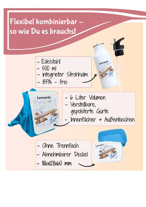Kindergarten Set personalisiert Fuchs – Rucksack, Trinkflasche & Brotdose mit Namen Kitakind - CreativMade
