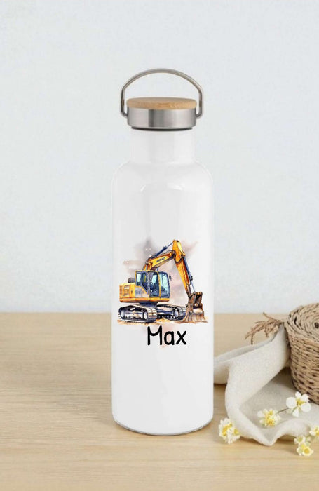 Personalisierte Kinder Trinkflasche mit Namen Bagger – Edelstahl Thermosflasche auslaufsicher für Kindergarten & Schule - CreativMade