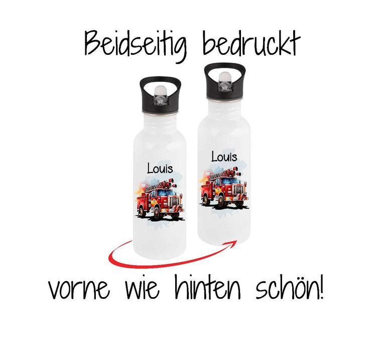 Personalisierte Trinkflasche Kinder Feuerwehrauto -  Edelstahl Trinkflasche mit Name - Strohhalm Geschenk Einschulung Geburtstag - CreativMade 